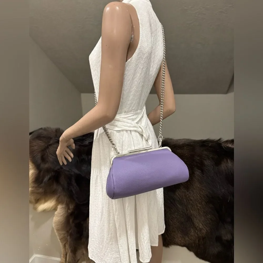 Purple Pebble Calfskin Leather Handmade Push Lock Baguette Bag, Multi Use Style